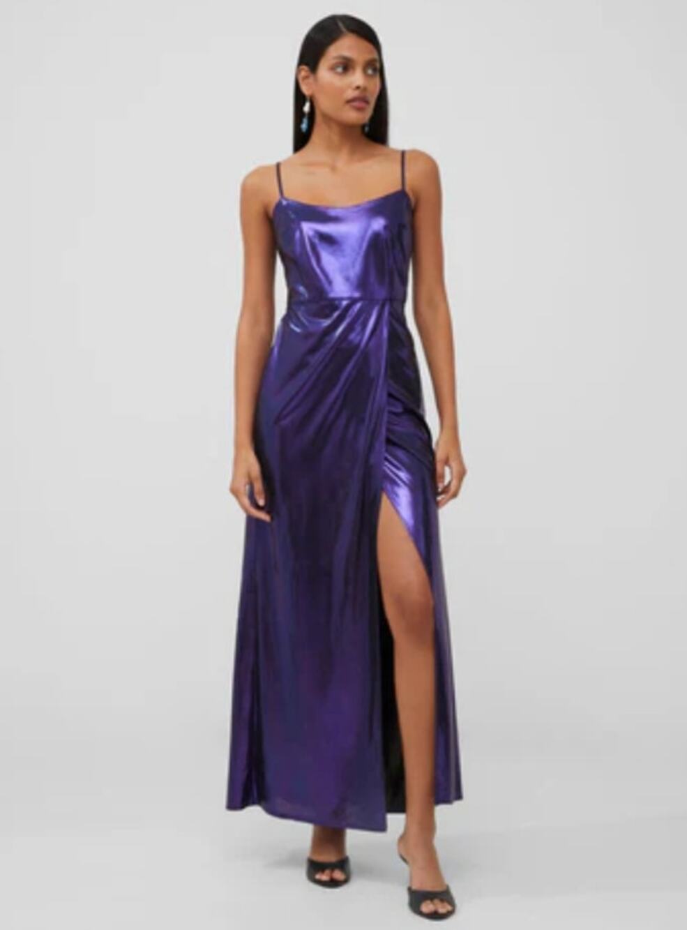 French Connection RONJA Liquid Metal Strappy Midi Slip Dress Purple L NWT $148